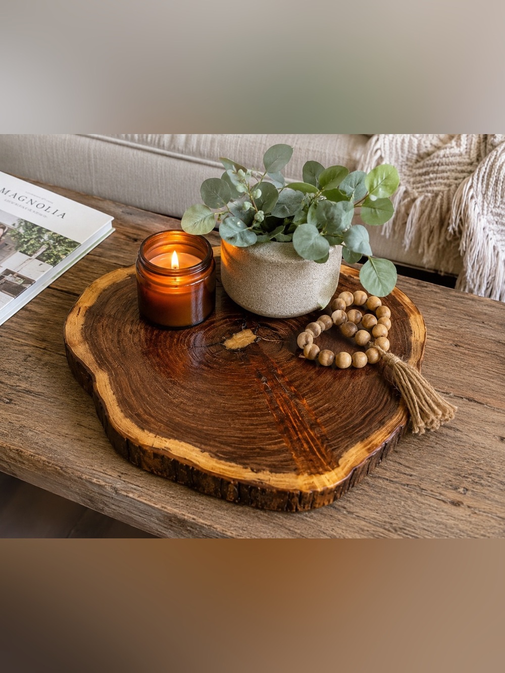 Rustic Live Edge Wood Slice Centerpiece Tray Natural‎ Tree Slab Decor 10”